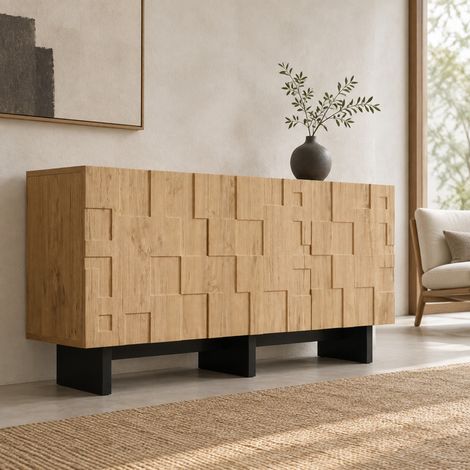 Aparador 140/40/70 cm efecto madera natural, 3 puertas push-to-open y 5 compartimentos (1/5)