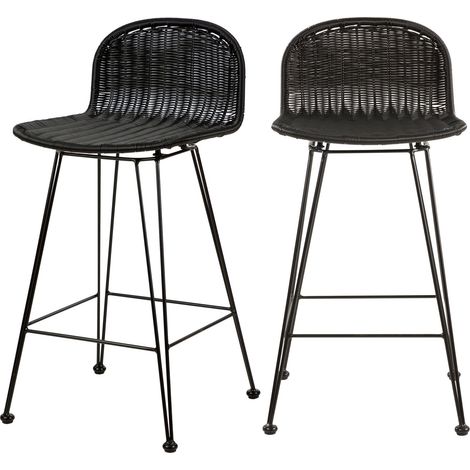 Lot de 2 chaises de bar mi-hauteur 63 cm en résine tressée noire - JIGANI