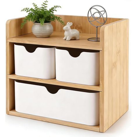 Boîte à tiroirs en bois, boîte de rangement avec tiroirs, 3 tiroirs, 3 étages avec bord de protection, compacte, 14 x 20 x 19 cm, pour bureau, maison, école (1/5)