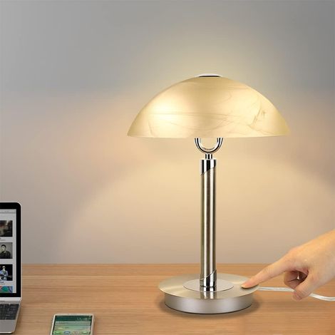 ZOLGINAH Lámpara de mesa táctil en níquel-cromo, lámpara de noche con función táctil y pantallas de vidrio, máx. 2x4W, 3000K (Bombillas no incluidas), Para Salón, Dormitorio, Plata (1/5)