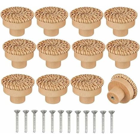 Set di 12 pomelli per mobili in rattan naturale – 40 mm x 30 mm – Realizzati a mano – Viti incluse per una facile installazione -Crezuo