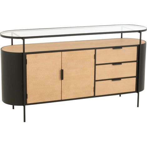 Buffet 2 portes 150x36x80 cm en verre, bois et métal noir - GAIRLY