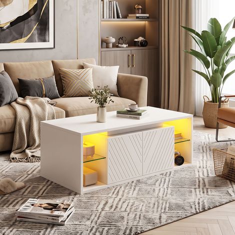 Creahappy Table Basse LED 100x50x41 cm Salon - Rangement Étagères Verre & 2 Portes - Style Moderne - Blanc (1/5)