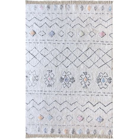 Tapis Berbère en Coton Tufté Main Style Ethnique à Franges Ivoire et Multicolore 160 x 230 cm - PANGIVO (1/3)