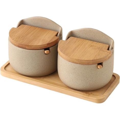 Saliera con coperchio, set per spezie, organizzazione cucina, incluso cucchiaio di legno, set da 2 pezzi, bianco (1/5)