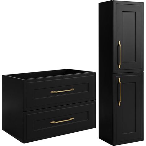 Rodan Badschrank 140 cm, Braun Matt und Holz, 46 x 140 x 57 cm, geriffelte Türen, schwarze Platte, mit Badregal, feuchtraumgeeignet