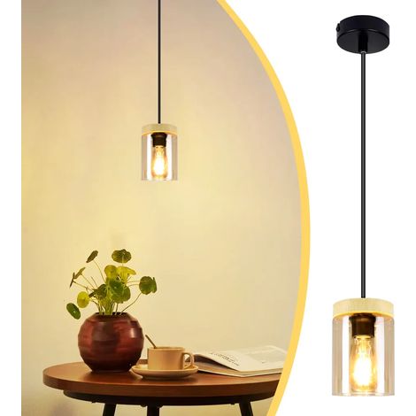 Suspension Table à manger -GBLY Lampe à suspension Vintage Noir Métal avec abat-jour en bois Lampe à suspension Douille E27 Suspendu pour salle à manger Cuisine Salon Chambre à coucher