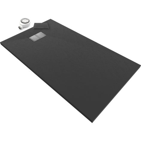 Plato de ducha 70 x 140 cm BOREAL negro RAL 7021 resina SMC extraplano 26 mm,GRIPSTONE, textura pizarra, válvula y rejilla en inox, Moments of Glass