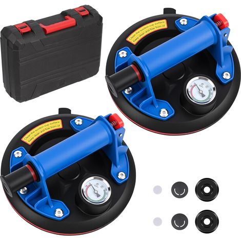2 Pièces 8" Ventouse Carrelage avec Manomètre, Ventouse Vitrier Capacité de Charge Max 200 kg, Professionnelles Ventouses à Vide avec Boîte de Transport pour Verre, Carreaux, Marbre,Bleu (1/5)