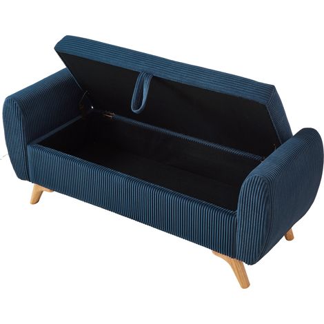 Banc d'entrée de rangement 145 cm en velours côtelé, pieds en bois, pour chambre salon, bleu