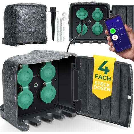 KESSER® Gartensteckdose Steinoptik mit 4 Steckplätzen - mit WiFi Funktion Steuerung per App - Inkl.Erdspieß Mehrfachsteckdosen aussen mit 3m Verlängerung Anthrazit / Box - mit WiFi