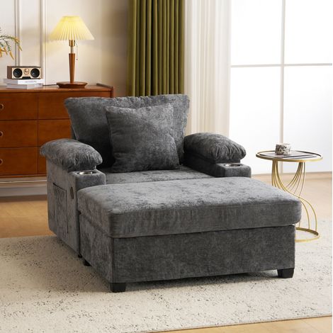 Fauteuil relax 148x98x83 cm en tissu chenille gris foncé, avec rangement pour salon FloraGrace (1/5)