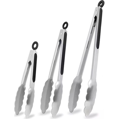 Juego de 3 mangos antideslizantes de acero inoxidable resistentes al calor, ideales para cocinar, ensaladas, asar a la parrilla y barbacoas (21 cm + 27 cm + 34 cm)