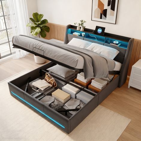 Lit coffre 160 x 200, lit 160 x 200 avec sommier, Rangement de la tête de lit, cadre de lit, avec port USB et LED, gris, lin (1/5)