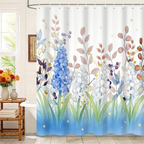 Cortina de ducha floral de 180 x 180 cm con 12 ganchos, jacintos azules y fresias blancas, impermeable, apta para bañeras, fabricada en poliéster. (1/5)