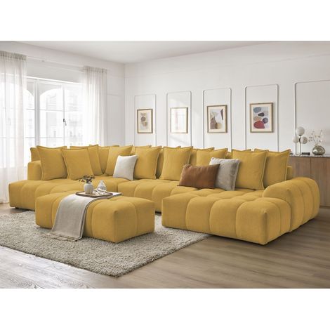 Bobochic – Canapé panoramique convertible coffre EVEREST – Tissu chiné – 5 places – Longueur 423cm – Largeur 212cm – Couleur jaune (1/5)