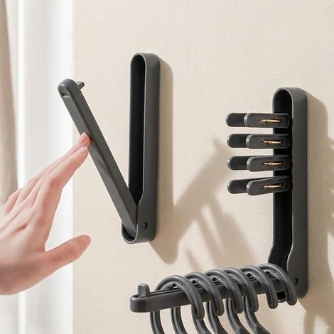 Estante organizador para perchas - Montaje en pared - Perchas plegables - Autoadhesivo, no requiere taladrar - Ahorra espacio - Gris oscuro (1/5)