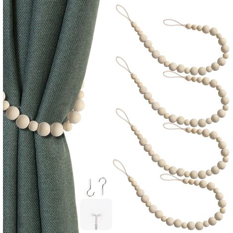 Lot de 4 embrasses de rideaux, perles de bois, crochets métalliques, fixation adhésive, décoration intérieure (1/5)