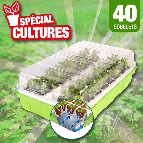 Kit de germination 40 godets – Bac à réserve d'eau avec autonomie 1 semaine – Tapis à capillarité pour régulation chaleur et humidité – Outiror