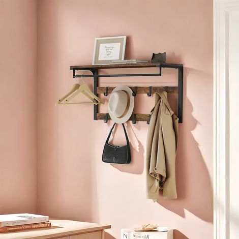 Étagère Murale avec Tringle à Vêtements et Crochets Amovibles, Rangement pour Entrée, Salle de Bain, Chambre, Noir et Marron (1/5)