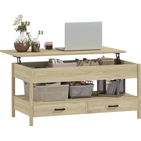 Table basse relevable avec compartiment de rangement dissimulé, tiroirs et étagère ouverte 100 x 50 x 48-62 cm Chêne (1/5)
