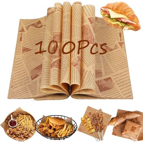 100 Feuilles 22 x 22 cm Papier cuisson, Papier sulfurisé de Style Journal Vintage, Emballage Alimentaire pour Camping Frites Burger Pizza Pain Sandwich (1/5)