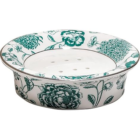 Porte-savon rond vintage en céramique à motif floral, double couche, avec bac d'égouttage. (1/5)
