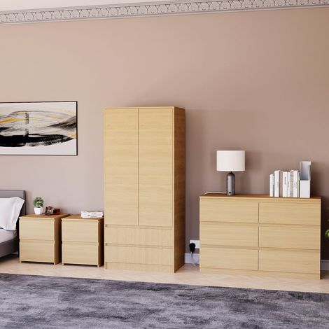 4 Piece Denver Bedroom Set, 2 Drawer Large Bedside Chest x2, 6 Drawer Chest, 2 Door 2 Drawer Wardrobe, Pine (1/3)