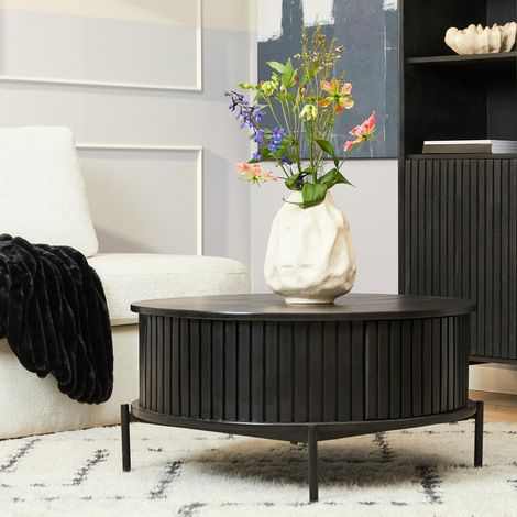 Table basse ronde noire en bois rainuré 2 tiroirs CORTINA