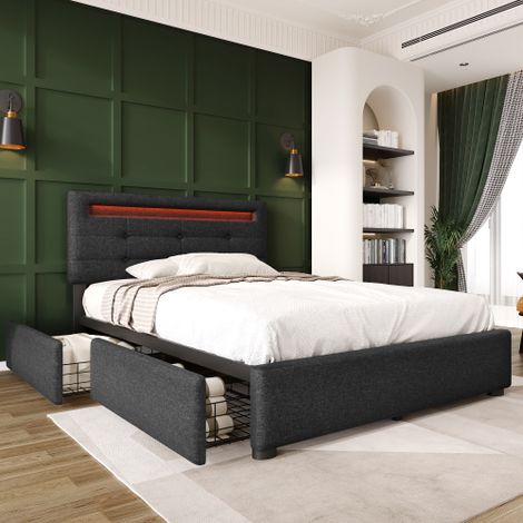 Cadre de lit avec éclairage LED et 2 tiroirs (matelas inclus) lit une place gris capitonné (90 x 200 cm) doté d'une tête de lit réglable en hauteur et d'un sommier à lattes en bois. (1/5)