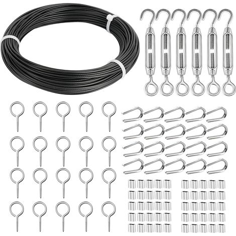 Steel Cable 2 mm/30 m Black PVC-Sheathed Stainless Steel Cable with M5 Turnbuckle Cable, M3 Eyelets Hooks, for Hanging, Outdoor Climbing Plant Support, Suspension, Mesh Fence (1/5)