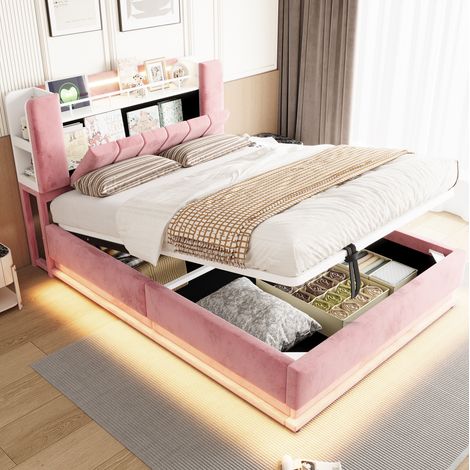 Letto contenitore 140x200 cm con LED, USB e vano portaoggetti, velluto rosa DESVIAE (1/5)