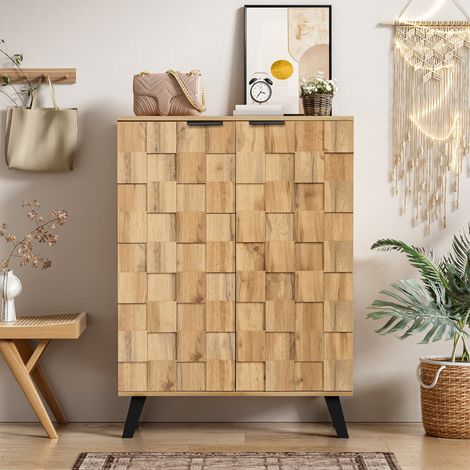 Modernluxe – Buffet haut 80.5x35x109.5 cm avec 5 compartiments et 2 portes – Structure en panneaux de particules – Poignée métal noir mat