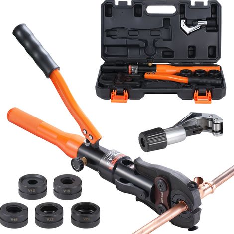 Outil de sertissage hydraulique pour raccords de tubes en cuivre, pince à sertir avec mâchoires à changement rapide V12/15/18/22/28, 360 °, pour les espaces restreints et les raccords en T (1/5)
