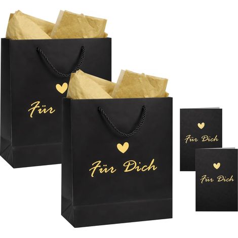 Sacs Cadeaux Anniversaire Noir Or Pour Toi Cœur Lot 2 Sac Cadeau Anniversaire Sac Papier Cadeau Emballage Cadeau avec Carte Papier de Soie 26x22x10cm (1/5)
