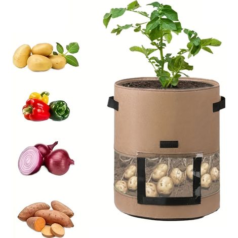 Sacs de plantation de pommes de terre de 10 gallons avec fenêtres transparentes et poignées, sacs de plantation de jardin en tissu (brun, 43 L) (1/5)