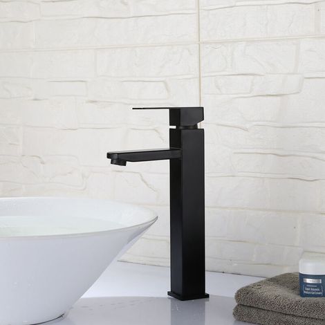 Robinet de salle de bain noir, mitigeur de lavabo carré, robinet d'eau chaude et froide, mitigeur de salle de bain en acier inoxydable (avec tuyau d'arrivée de 80 cm)