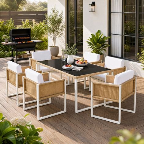 Ensemble table chaises de jardin 6 places avec fauteuils, 170 x 80 x 75 cm, brun DESVIAE (1/5)