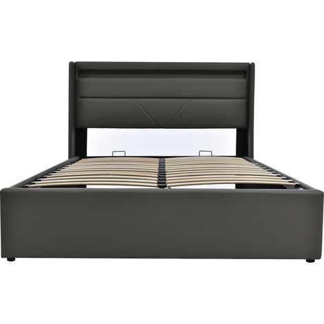 Cama tapizada con arcón hidráulico y banda LED 140x200 cm en PU gris (1/5)