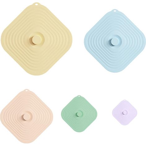 Lot de 5 couvercles carrés en silicone réutilisables - 5 tailles - Résistants à la poussière - Résistants à la chaleur - Avec effet d'aspiration pour la cuisine - 5 couleurs (1/4)