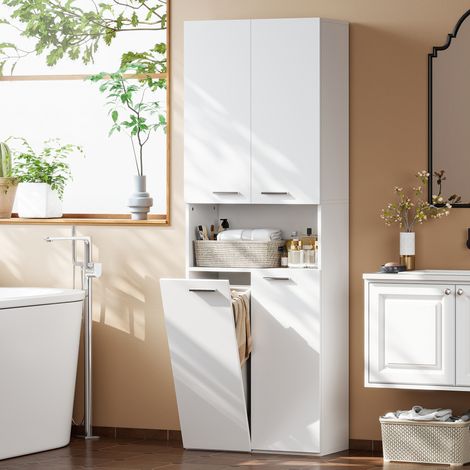 Meuble de salle de bain à deux portes avec panier à linge rabattable et étagère ouverte. 60 x 30 x 174 cm. En bois. Blanc.