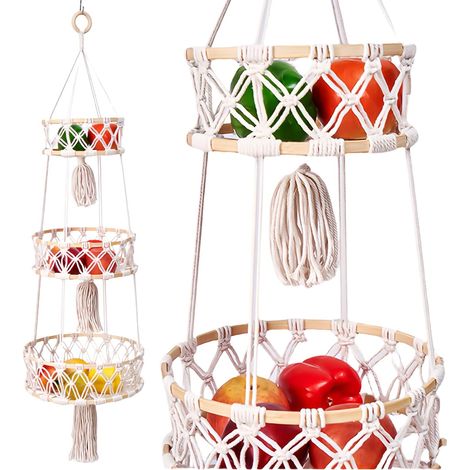 JSSEVN - Three-Tier Woven Hanging Fruit Basket - Handwoven Hanging Fruit Basket - Handwoven Wall Basket - Bohemian Wall Basket (1/5)