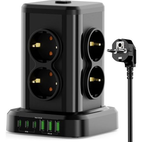 Multiprise avec Interrupteur Tour, 12 en 1 Prise Multiple avec 8 Prises Françaises et 3 USB, Multiprise 3 USB C et Rallonge Electrique 2M, Multi Prise Electrique Convients, Maison, 3680W, Noir (1/5)