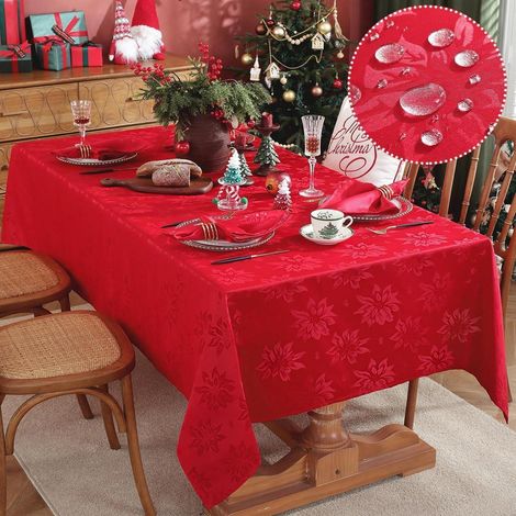 Weihnachtstischdecke Jacquard auslaufsicher mit Weihnachtsstern-Muster, rechteckig, Rot