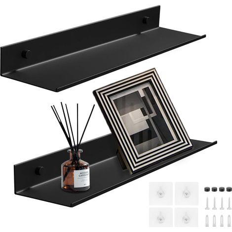 Lot de 2 Etagere Murale sans Percage, Etagere sans Percer Etagere Douche Étagères Murales en Aluminium pour Salon, Chambre, Salle de Bain, Cuisine (Noir, 30CM) (1/5)