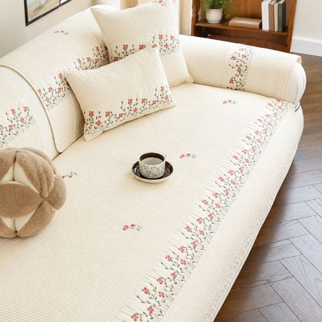 Housse de Canapé Coton Lavé Broderie Petites Fleurs Champêtre Français Jeté d'Assise Sur Mesure 1 kg – Livraison gratuite (1/4)