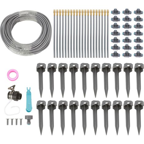 Sistema de riego por goteo con nebulización, que incluye una manguera de PVC de 25 m (82 pies) de diámetro y conexiones rápidas para plantas de invernadero y césped. (1/5)