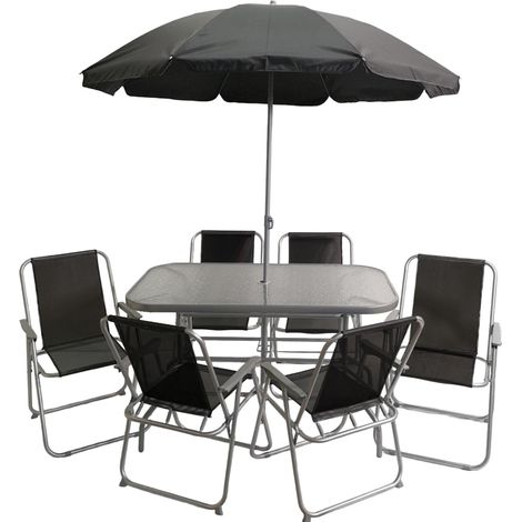 6 Person Garden Furniture Patio Set Table, 6 Chairs & Parasol