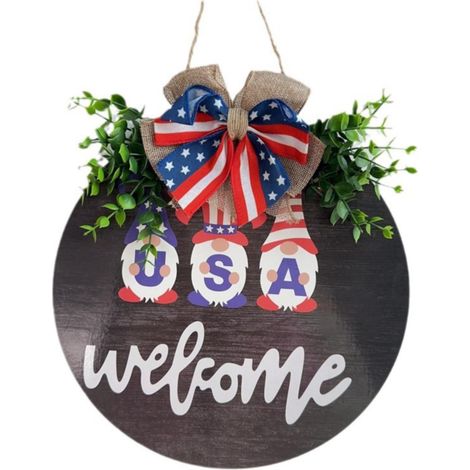 Plaque En Bois Pour Porte - Décoration Thème Fête De L'Indépendance - Motif Bonjour États-Unis - Avec Rubans Et Branches Artificielles - 1 Pièce (1/5)