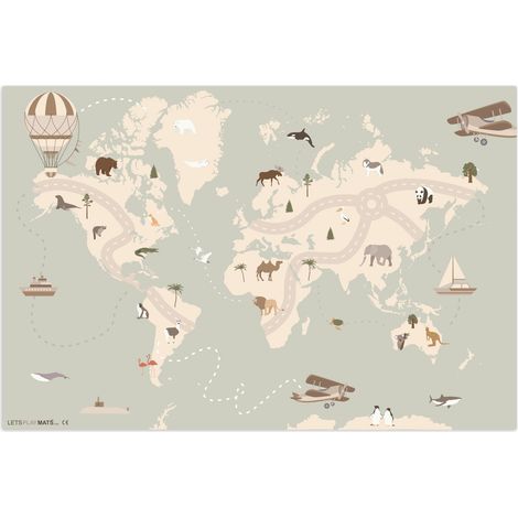 PLAY MAT World map - Animals - Airplane - Child - Hot air balloon 105x70 cm